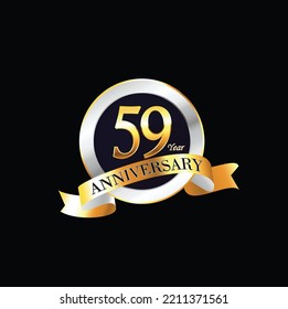 59 Year Anniversary celebration Vector Design with ring and ribbon. 59th Anniversary celebration. Gold Luxury Banner of 59th Anniversary celebration. fifty-nine celebration card. Vector anniversary