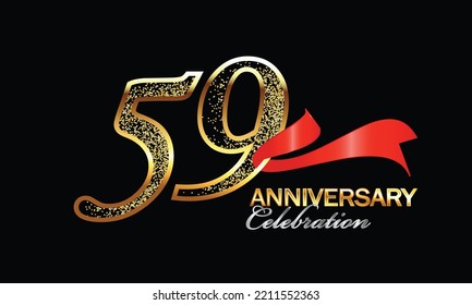 Celebración del 59 Aniversario del Diseño Vector con cinta roja y brillo. Celebración del 59° Aniversario. Banner Gold Luxury del 59º aniversario. tarjeta de celebración de cincuenta y nueve
