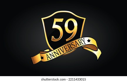 59 year anniversary logo with golden shield and ribbon. Dark elegant concept anniversary. 59th Anniversary celebration background. fifty-nine anniversary banner vector	