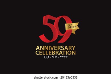 59 Year Anniversary Red Color Ribbon style with Golden Ribbon Color on Grey Background - Vector