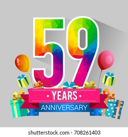 59 Years Anniversary Celebration Design, with gift box and balloons, red ribbon, Colorful polygonal logotype, Vector template elements for your birthday party.