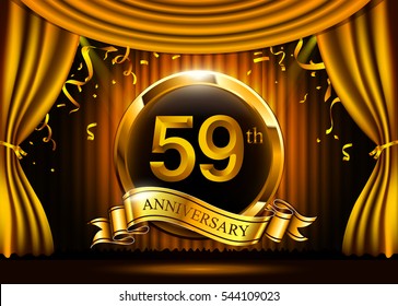 59 years anniversary celebration with gold ribbon. Curtain background and confetti