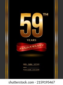 59 years anniversary celebration logotype with elegant gold color and ribbon for booklet, leaflet, magazine, brochure poster, banner, web, invitation or greeting card. Vector illustrations.