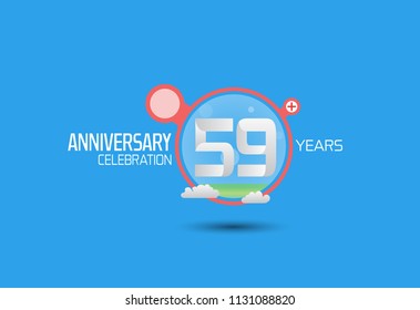 59 years anniversary design with pop art style red circle and cloud isolated on blue background for party, birthday and celebration