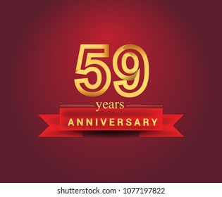 59 years anniversary design with red ribbon and golden color isolated on red background, Design for anniversary celebration.