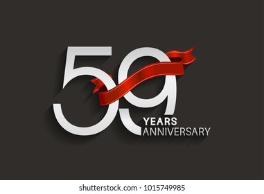 59 years anniversary design with silver color and red ribbon isolated on black background for celebration event