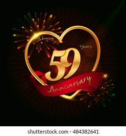 59 years anniversary logo golden colored,with love shape, red ribbon, and fireworks background