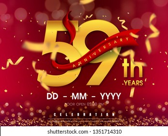 59 years anniversary logo template on gold background. 59th celebrating golden numbers with red ribbon vector and confetti isolated design elements