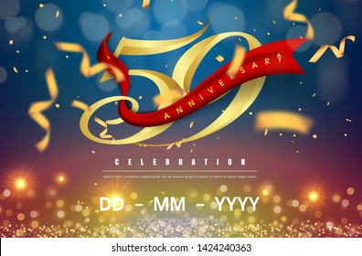 59 years anniversary logo template on gold and blue background. 59th celebrating golden numbers with red ribbon vector and confetti isolated design elements