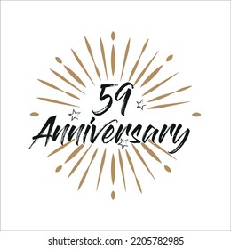 59 years anniversary retro vector emblem isolated template. Vintage logo 59th years with ribbon and fireworks on white background
