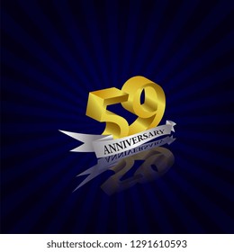 59 years anniversary Vector Template Design with golden color and silver ribbon isolated on blue sunburst background illustration for celebration event - Vector