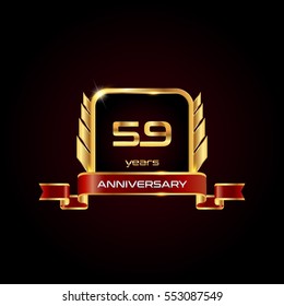 59 years gold anniversary celebration square logo with red ribbon  , isolated on dark background