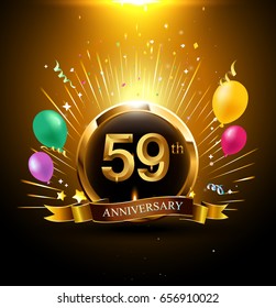 59 years golden anniversary logo celebration with ring, ribbon, firework, and balloon