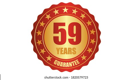 59 years guarantee stamp icon or a guarantee tag, badge, label, original certified concept seal vector illustration, logo isolated on white background and golden red text