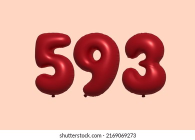 593 globo 3d número hecho de representación 3d de globo metálico realista. Globos 3D de helio rojo para la venta decoración Fiesta Cumpleaños, Celebración de Aniversario, Fiesta de la Boda. Ilustración del vector
