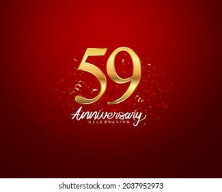 59th anniversary background with 3D number illustration golden numbers and Anniversary Celebration text with golden confetti on red background.
