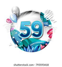 59th anniversary background with balloon and confetti on white. 3D paper style illustration. Poster or brochure template. Vector illustration.