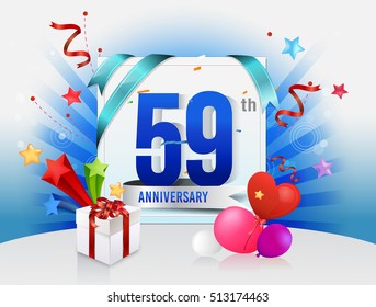 59th anniversary celebration with colorful confetti and balloon with shiny blue background