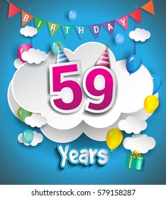 59th Anniversary Celebration Design, with clouds and balloons, confetti. Vector template elements for your, fifty nine years birthday celebration party.