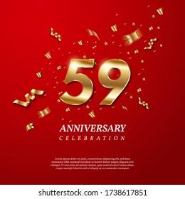 59th Anniversary celebration. Golden number 59 with sparkling confetti, stars, glitters and streamer ribbons on red background. Vector festive illustration. Birthday or wedding party event decoration