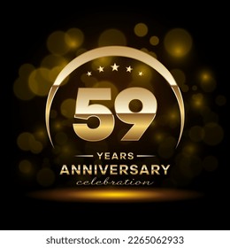 59th Anniversary Celebration. Logo design with golden ring and text for anniversary celebration event, invitation, wedding, greeting card, banner, poster, flyer, brochure. Logo Vector Template