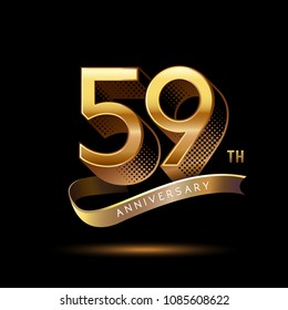 59th Anniversary celebration logotype colored with shiny gold, using ribbon and isolated on black background