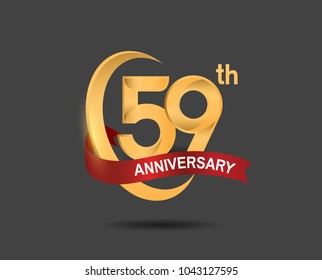 59th anniversary design logotype golden color with ring and red ribbon for celebration