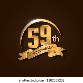 59th Anniversary design logotype. Anniversary logo design with swoosh and elegance golden ribbon. Vector template for use celebration, invitation card, and greeting card