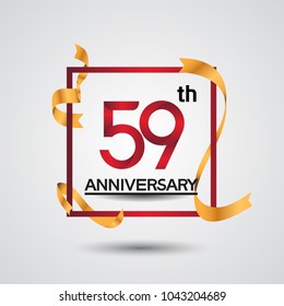 59th anniversary design with red color in square and golden ribbon isolated on white background for celebration