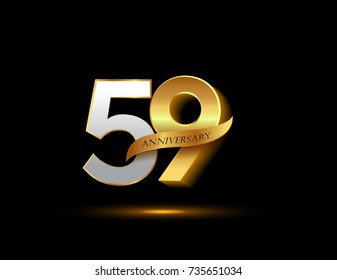 59th anniversary glowing logotype with ribbon golden colored isolated on dark background, vector design for greeting card and invitation card.