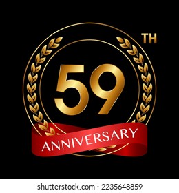 59° Aniversario. Diseño del logotipo del aniversario con Laurel Wreath y Red Ribbon para la celebración, Boda, Invitación, Tarjeta de felicitación. Ilustración del vector de logotipo