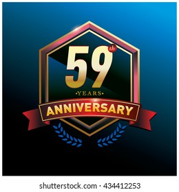 59th anniversary logo with gold ring and red ribbon. Anniversary signs illustration. Gold anniversary logo design and illustration