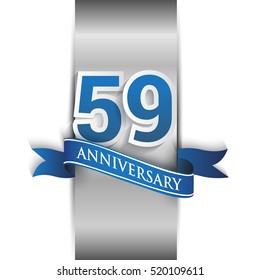 59th anniversary logo with silver label and blue ribbon, Vector design template elements for your birthday party.