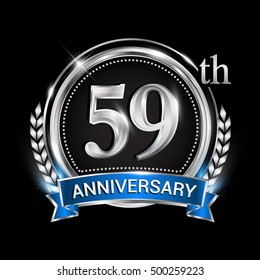 59th anniversary logo with silver ring combination blue ribbon. Vector template for birthday celebration, party, wedding, invitation and greeting card