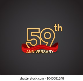 59th anniversary logotype design with line golden color and red ribbon for celebration isolated on dark background