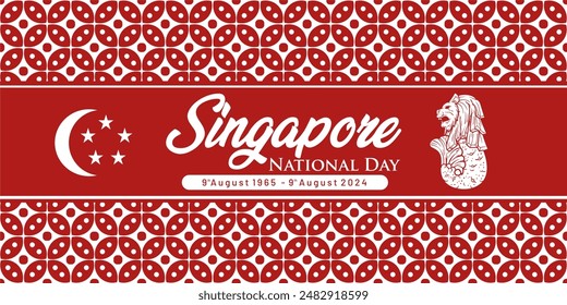 59th Anniversary of Singapore National Day with Batik Pattern, Flag Symbol, and Lion Illustration. Singapore Independence Day 2024 Banner. 