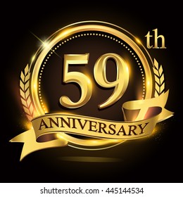 59th golden anniversary logo with ring and ribbon, laurel wreath vector design.
