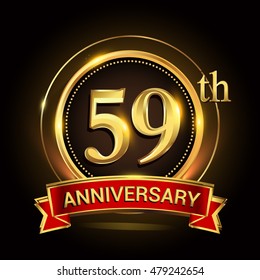 59th golden anniversary logo with ring and red ribbon. Vector design template elements for your birthday celebration.