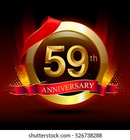 59th golden anniversary logo with ring and red ribbon. Vector design template elements for your birthday celebration.