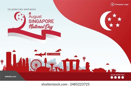 59th Singapore national day celebration design with city landmarks and social media spot. Singapore national day 2024 banner, poster, background, company greeting.  