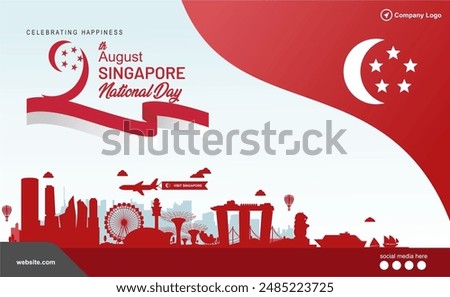 59th Singapore national day celebration design with city landmarks and social media spot. Singapore national day 2024 banner, poster, background, company greeting.  