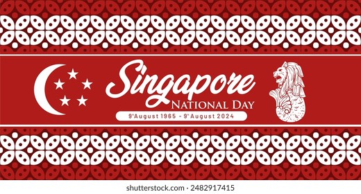 59th Singapore's independence day August 9th background. 59th Anniversary of Singapore National Day  celebration banner template design with batik pattern and lion symbol. Hari Merdeka Singapore 59