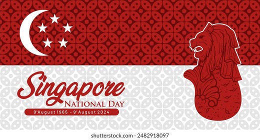 59th Singapore's independence day August 9th template. Singapore National Day 2024  celebration banner template design with flag, batik pattern and lion symbol. Hari Merdeka Singapore 59