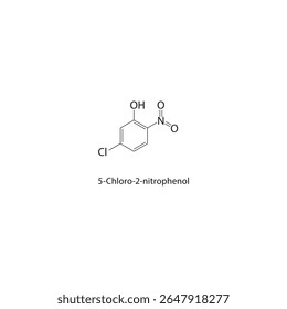 Estrutura esquelética de 5-cloro-2-nitrofenol Ilustração esquemática do composto de nitrofenol halogenado. Diagrama simples, fórmula química.