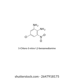 Estrutura esquelética de 5-cloro-3-nitro-1,2-benzenodiamina Ilustração esquemática do composto de nitrodiamina halogenado. Diagrama simples, fórmula química.