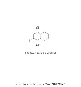 Estrutura esquelética de 5-cloro-7-iodo-8-quinolinol Ilustração esquemática de composto heterocíclico halogenado. Diagrama simples, fórmula química.
