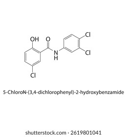 5-Chloro-N-(3,4-dichlorophenyl)-2-hydroxybenzamide skeletal structure. Chlorinated Benzamide compound schematic illustration. Simple diagram, chemical formula.