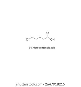 Estrutura esquelética do ácido 5-cloropentanóico Ilustração esquemática do composto de ácido carboxílico halogenado. Diagrama simples, fórmula química.
