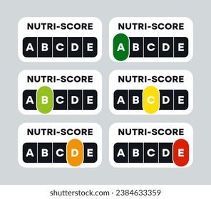 5-Colour Nutrition Label indicator from green (grade A) to red (grade E) on white background. Nutri-Score system sign for packaging design. Vector illustration 