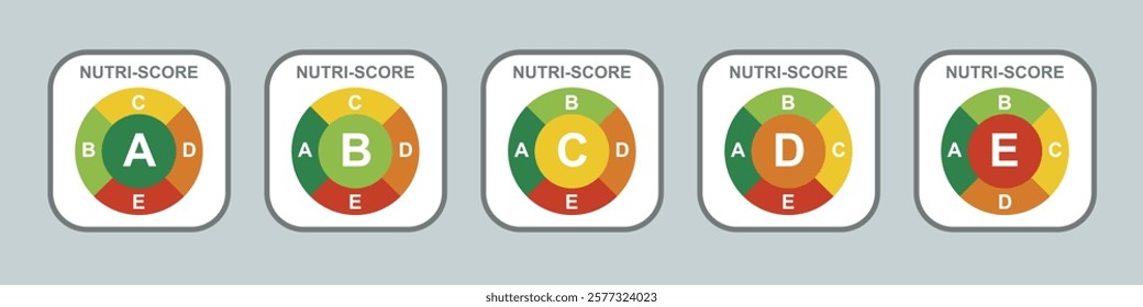 5-Colour Nutrition Label Round Shape indicator from green (grade A) to red (grade E) on grey background. Nutri-Score system sign for packaging design vector graphic